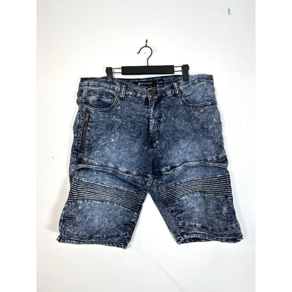 Rocawear Shorts Mens 36 Acid Wash Zipper Stretch Bermuda Denim Medium‎ Blue 343